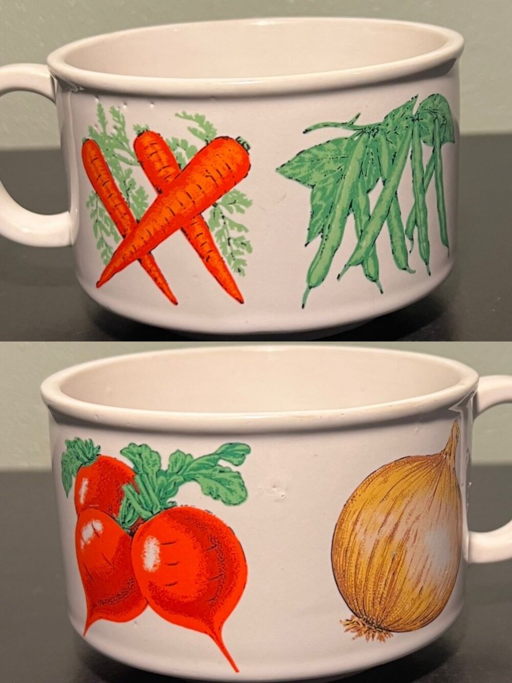 Vtg Retro 70s Garden Veggie Ceramic Soup Cup Carrots Green Beans Beets Onion